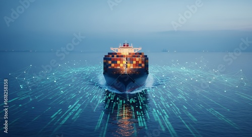 Cargo Ship Navigating in Open Ocean with Digital Data Overlay
