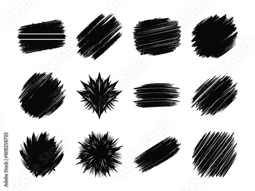 Black grunge elements exhibit varied shapes and textures, set against a transparent backdrop