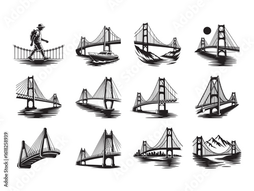 Collection of bridge silhouette images showcases diverse architectural styles, urban and scenic landscapes, transparent background