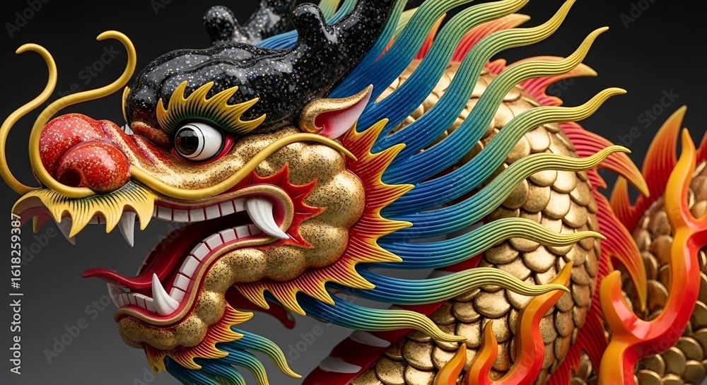 Fototapeta premium Detailed colorful chinese dragon sculpture close up perfect for asian art designs