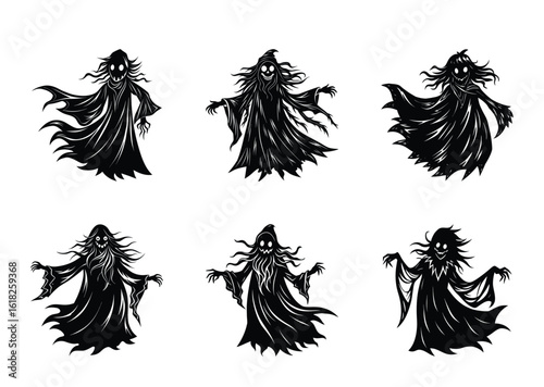 Collection of Six Stylized Silhouette Ghosts in Different Poses for Halloween