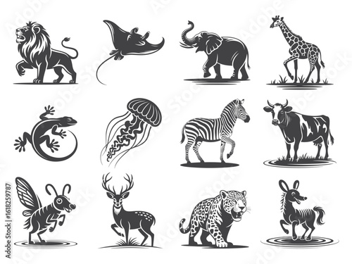 Diverse set of stylized black animals representing fauna, including mammals, insects, and marine life