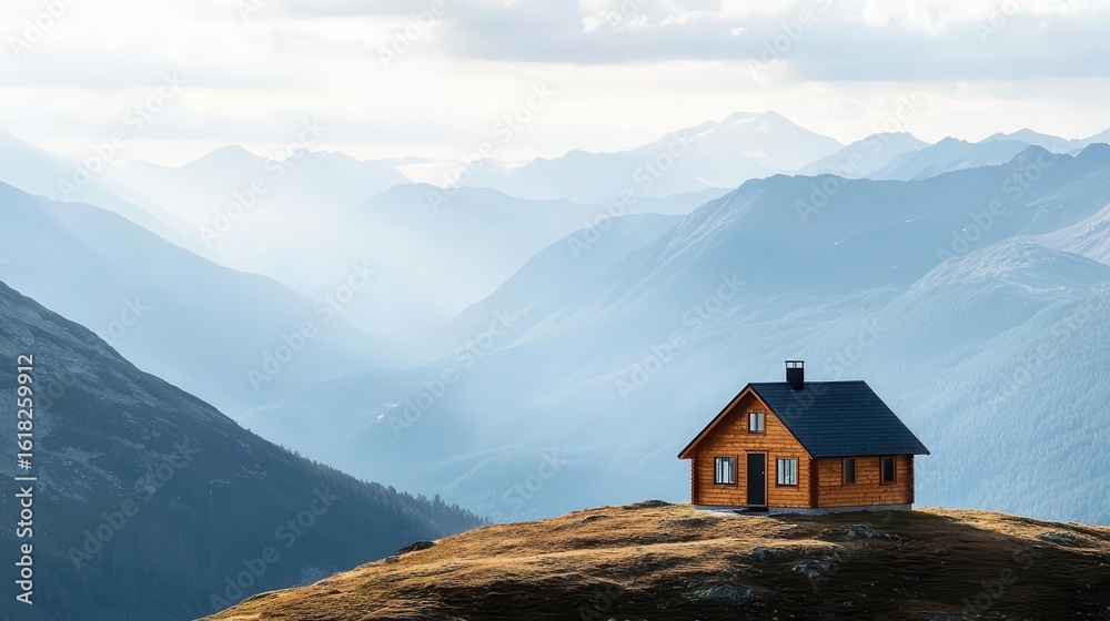 Fototapeta premium Offgrid cabin in the mountains with a breathtaking view, powered by renewable energy