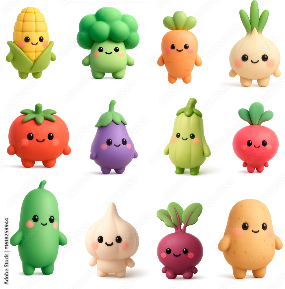 Obraz premium Cute cartoon vegetable characters set isolated on transparent background for kids design