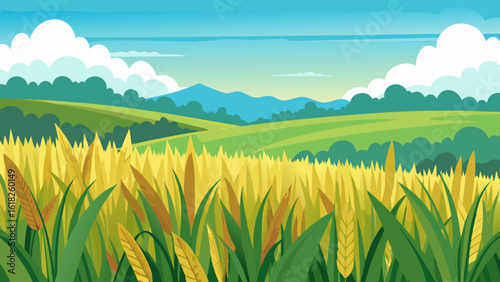 Vector art of lush green hills and golden wheat fields under a bright blue sky with distant mountains