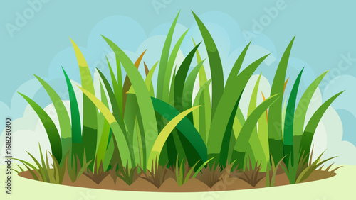 Vector art of a closeup view of lush green grass blades against a soft blue sky with subtle clouds
