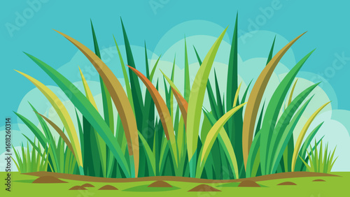 Vector art of a closeup of vibrant green and yellow grass blades swaying gently under a bright blue sky