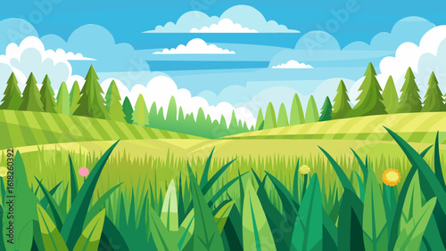 Vector art of a picturesque landscape of rolling green hills and fields under a bright blue sky with fluffy clouds