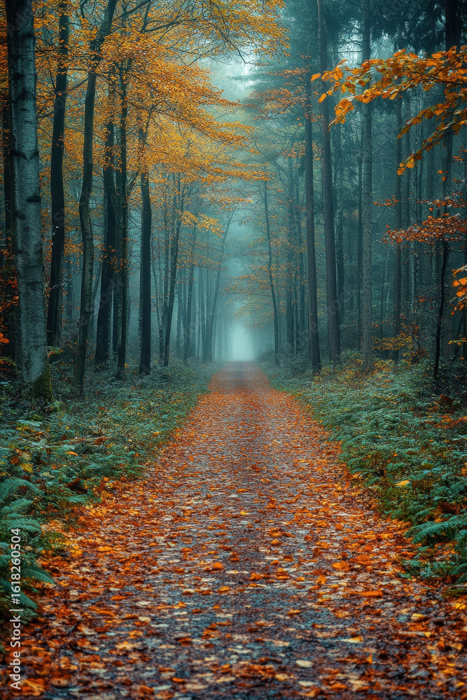 Fototapeta premium Path through forest with yellow leaves.