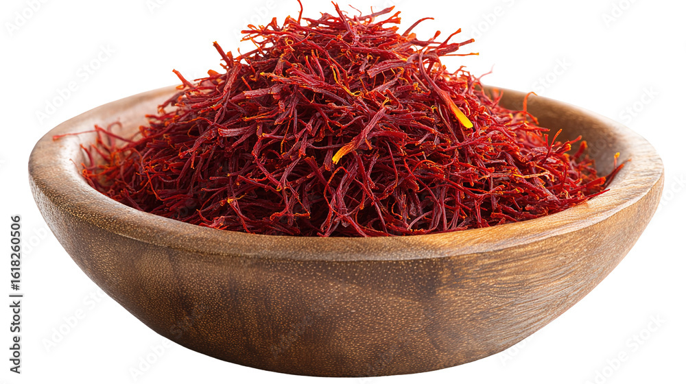 Fototapeta premium Aromatic Saffron Strands in Wooden Dish – Luxurious Culinary Ingredient
