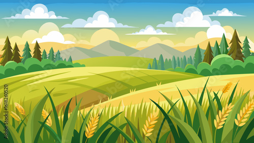 Vector art of a picturesque countryside landscape with rolling green hills, fields of wheat, and distant mountains under a blue sky