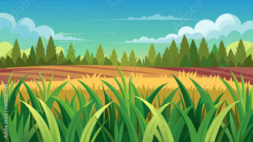 Vector art of a scenic rural landscape featuring fields of grass and crops, with a dense forest and mountains in the distance