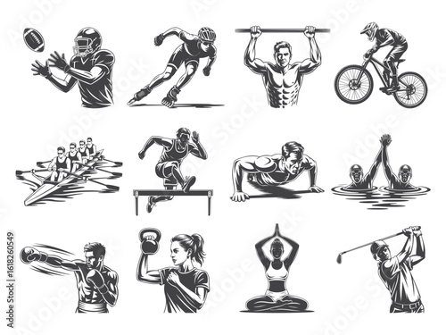 Monochrome athletes engage in diverse sports from football to yoga, embodying athleticism and fitness