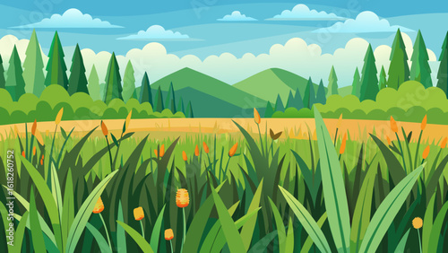 Vector art of a scenic landscape featuring a field of tall grass and wildflowers leading to rolling green hills