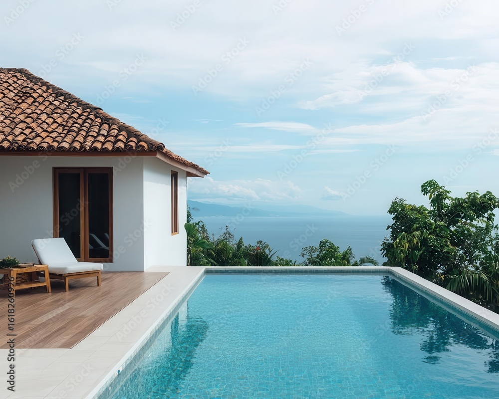 Fototapeta premium Oceanfront ecoretreat with energyefficient design, offering a luxurious yet green stay