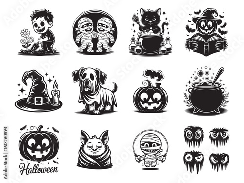 Monochrome Halloween set with mummy, cat, pumpkin, and other spooky designs