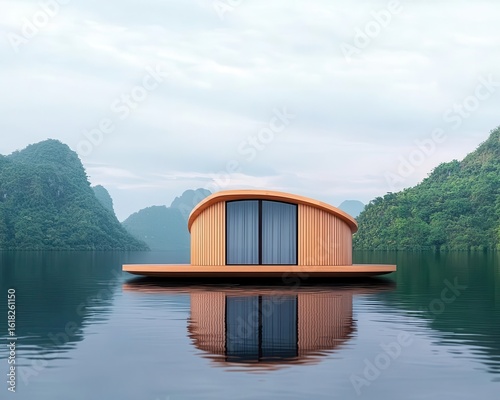 Floating ecohotel on a tranquil lake, designed for minimal environmental impact