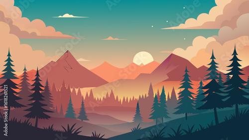 Vector art of a serene flat illustration showcases a mountain landscape at sunset, with silhouetted pine trees and a hazy valley under a colorful sky