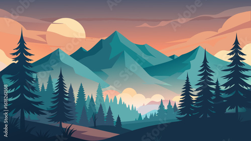 Vector art of a stylized flat illustration presents a mountain vista with a large sun partially obscured by clouds, set against a backdrop of pine trees and valleys