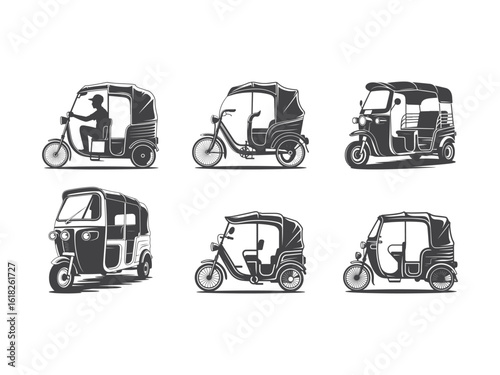 Six distinct monochrome auto rickshaw vehicles showcase their unique designs, displayed on a white background