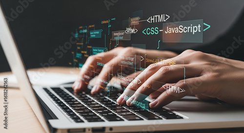 Web Development, programmer hands typing on a laptop with virtual HTML CSS and JavaScript code for developing a website application or software

