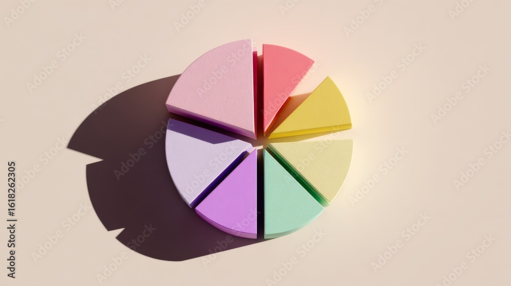 Obraz premium A top-down view of a D pie chart with vibrant colors and varying segment sizes, representing budget allocation, set against a light surface for emphasis.