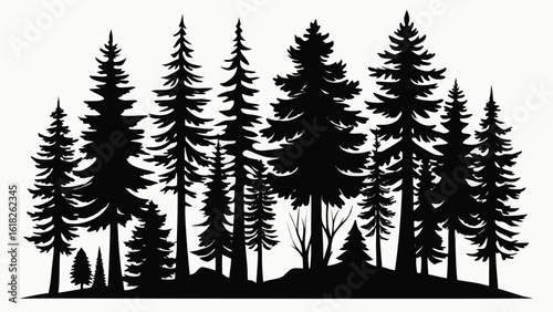 Vector art of a dense silhouette of various pine trees isolated on a white background