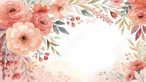 Peach and Coral Watercolor Flowers Frame with Central Copy Area. Floral Border Vector Background.