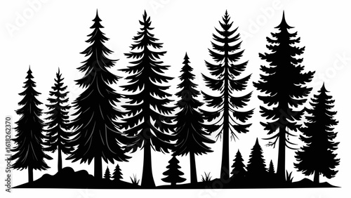 Vector art of a dense forest silhouette of various pine and evergreen trees isolated on a white background