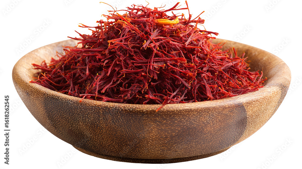 Naklejka premium Aromatic Saffron Strands in Wooden Dish – Luxurious Culinary Ingredient