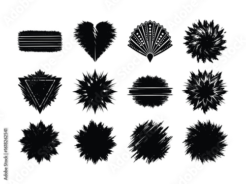 Twelve unique black textured shapes appear dynamically isolated against a white transparent background