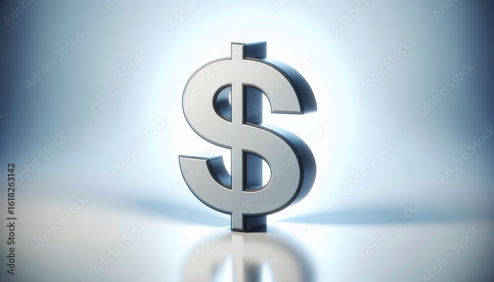 Obraz premium Shiny 3D Dollar Sign on a Reflective Surface with Soft Lighting