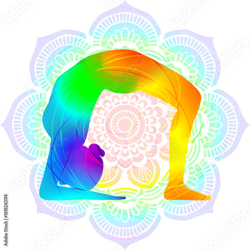 Colorful silhouette of woman practicing Ardha Urdhva Dhanurasana yoga pose. Half Wheel yoga pose. Isolated vector illustration