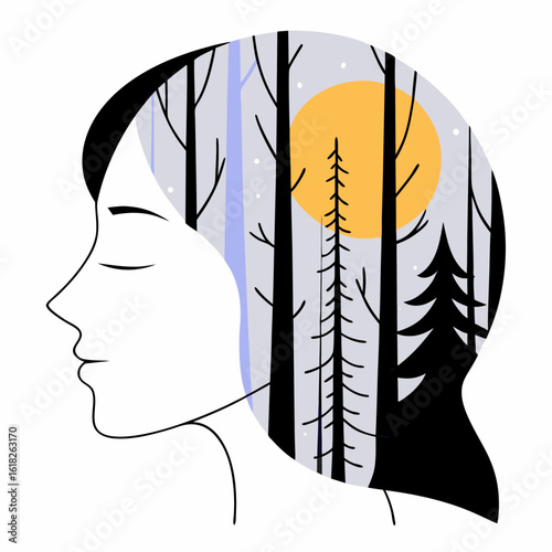 Double Exposure Woman and Forest – Mental Peace and Nature Concept