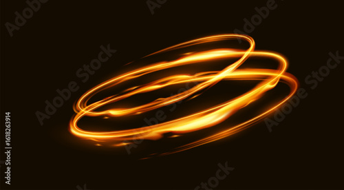 Vibrant glowing orange light trails in dynamic motion on a dark background. Abstract design showcasing energy and motion. Ideal for digital art and backgrounds.