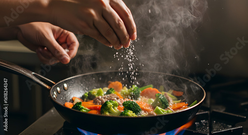 Close-up of a chef's hands seasoning fresh vegetables stir-frying in a hot pan on a gas stove in a professional kitchen.