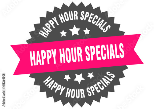 happy hour specials. happy hour specials round pink label isolated on transparent background