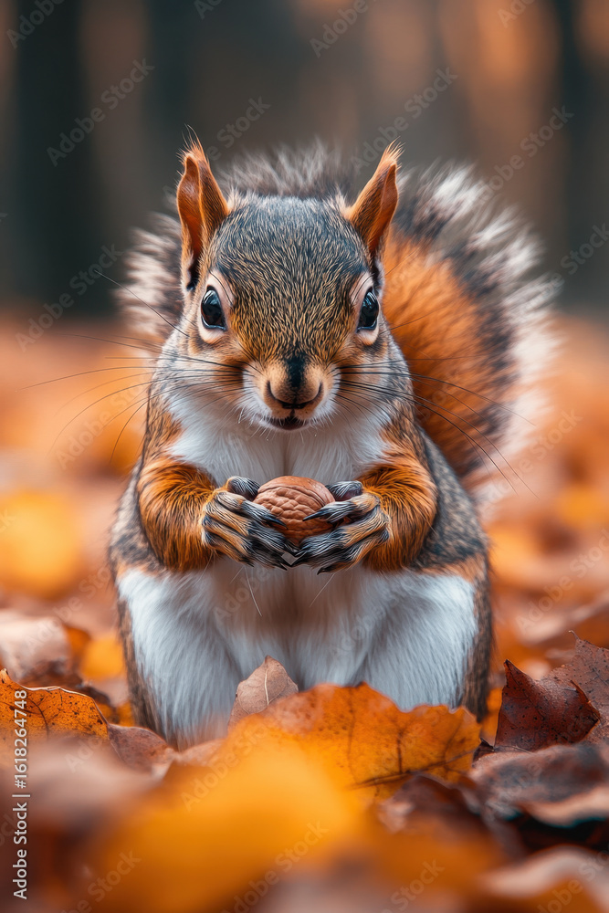 Fototapeta premium A squirrel eating a nut in the leaves.