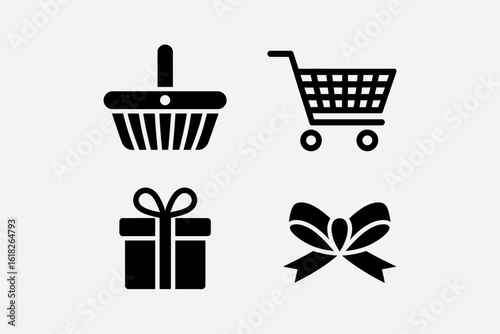 gift box, shopping cart, ribbon icon set illustration