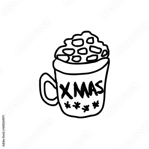 Vector doodle of Christmas hot drink mug with marshmallows and “XMAS” text – cozy holiday beverage icon in black cartoon line art for seasonal design on transparent background