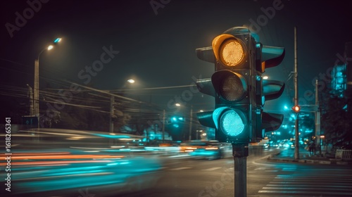 A traffic light showing a green signal at night, with blurred streetlights and vehicles passing by, capturing the busy energy of a nighttime city street