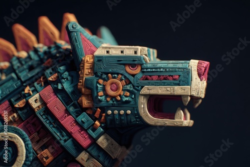 Intricate aztec serpent warrior sculpture with vibrant colors