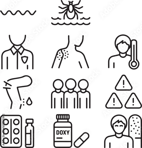 Tick-borne disease icon set illustrating symptoms like rash and fever, prevention, and antibiotic medical treatment.