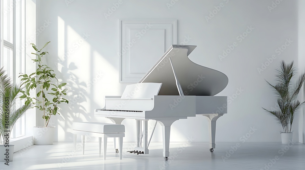 Fototapeta premium White Grand Piano In A Minimalist Room Setting