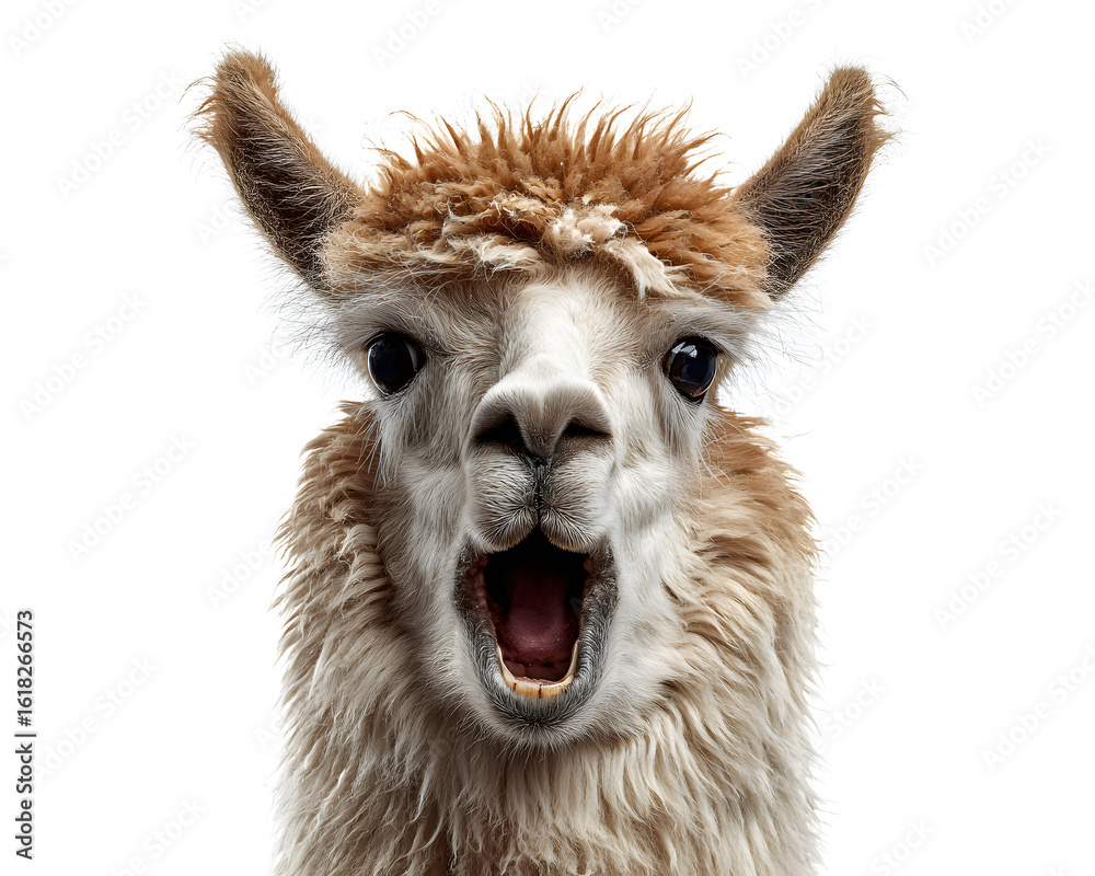 Obraz premium A whole llama with mouth open as if screaming, expressive eyes and fluffy fur, isolated on white background.