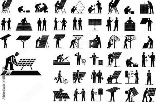 Solar Panel Worker Silhouette Icon Set Renewable Energy Technician Silhouette Design