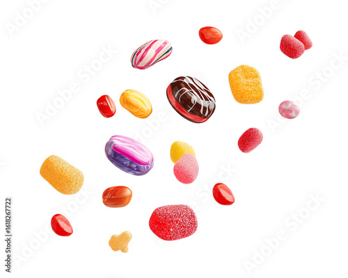 Candies flying in the air with copy space for your design. Falling candies and sweets isolated on a transparent background