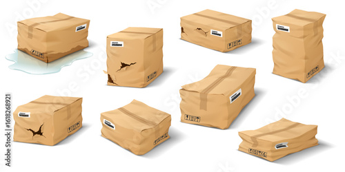 Collection of cardboard boxes in different damaged states. Wrinkled and torn with labels visible. Presents concept of shipment issues on white background.