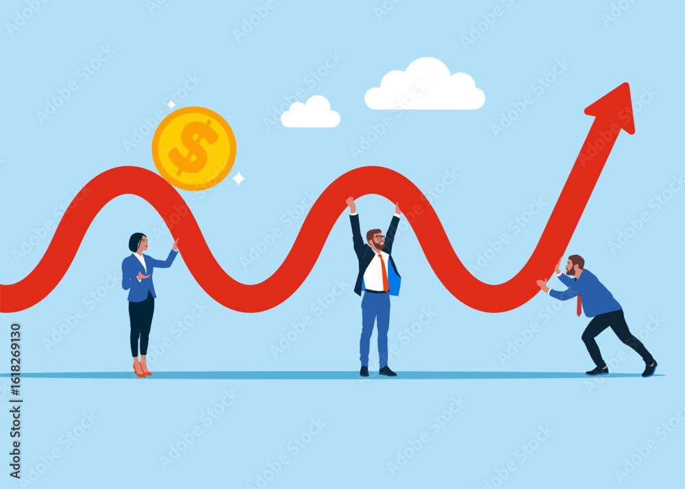 Fototapeta premium Business people hold the arrow, help to rise up. Coin on red arrow up value. Raising high standards of living and prices. Buy in anticipation of a price rally price drop. Flat vector illustration.