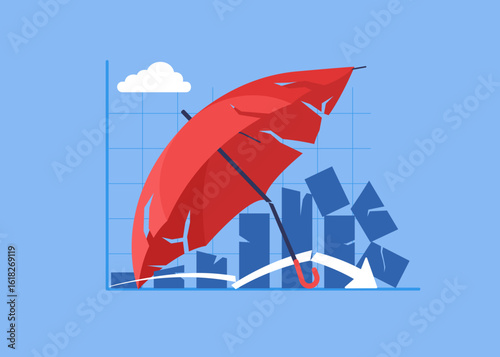 Broken rising profit growth graph under a broken umbrella. Breach concept, stealing. Fail to success, aspiration and effort to invent new innovation, learn from mistake. Investment profit growth.